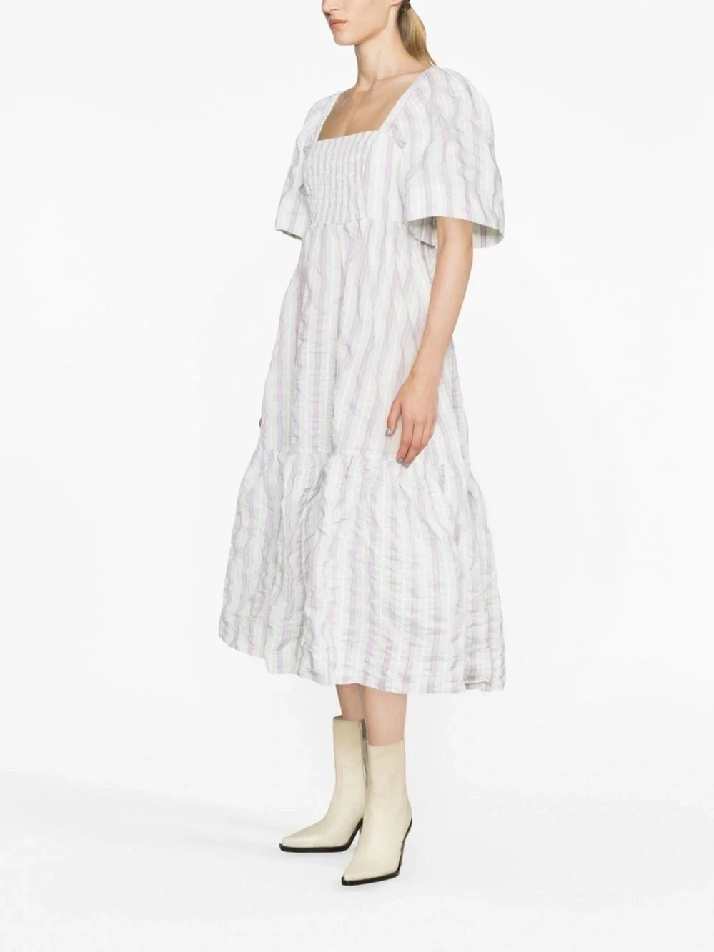 GANNI Pastel Striped Seersucker Midi Dress